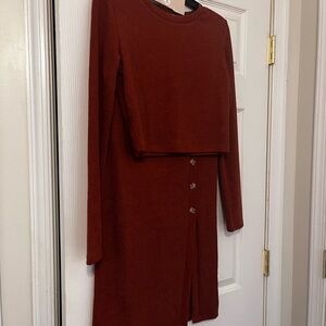 Paper Crane Long Sleeve Shirt and Midi Skirt in Deep Rust